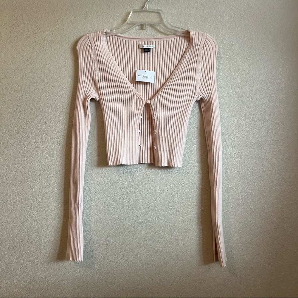 American Eagle Pink Ribbed Cropped Button-Up Cardigan Medium